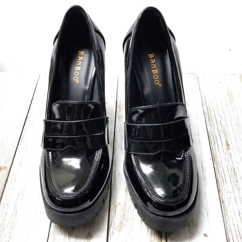 New Black Patent Platform Chunky High Heel Penny Loafers Size 5.5 - Picture 4 of 5